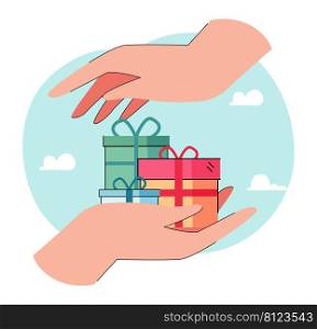 Big hand holding gift boxes. Hands around packages with presents flat vector illustration. Celebration, birthday, holidays, anniversary concept for banner, website design or landing web page