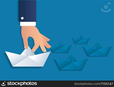 big hand holding paper boat vector, business concept illustration