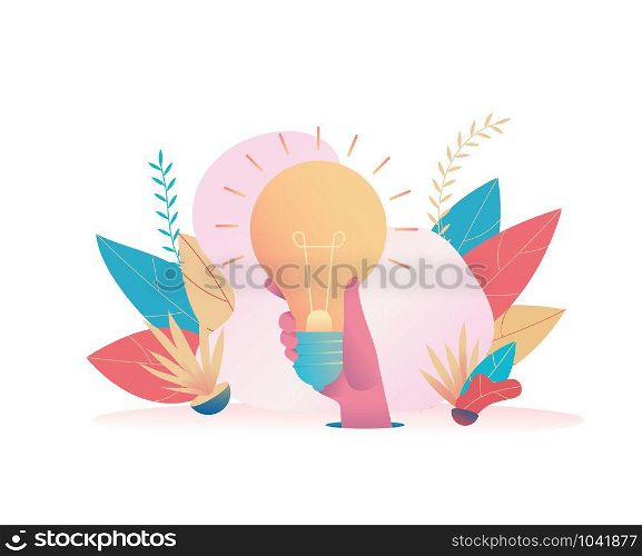 Big hand holds a huge holy light bulb. Metaphor of the search for an idea and its solution. Concept leader, boss, CEO makes the right decision, finds an idea. Vector flat illustration.