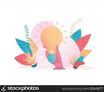 Big hand holds a huge holy light bulb. Metaphor of the search for an idea and its solution. Concept leader, boss, CEO makes the right decision, finds an idea. Vector flat illustration.