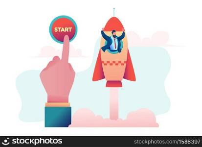 Big hand launches rocket. Startup metaphor. Startup business investment concept. Vector flat illustration