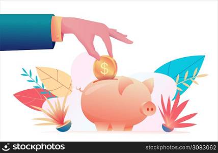 Big hand of businessman holds coin and puts it in piggy bank. Metaphor of investment, capital accumulation. Savings protection concept. Flat vector illustration