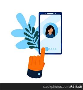 Big hand presses the button on the smartphone screen. Concept of the call, address book, note book. Contact us icon. Modern flat vector illustration concept, isolated on white background.. Concept of the call, address book, note book. Big hand presses the button on the smartphone screen.