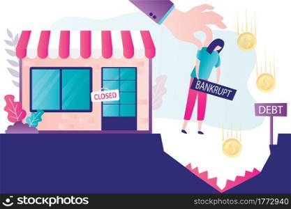 Big hand throws debtor into debt hole. Unhappy businesswoman bankrupt, closed shop. Financial crisis, business problems, bankruptcy concept. Startup failure. Trendy flat vector illustration. Big hand throws debtor into debt hole. Unhappy businesswoman bankrupt, closed shop. Financial crisis, business problems, bankruptcy
