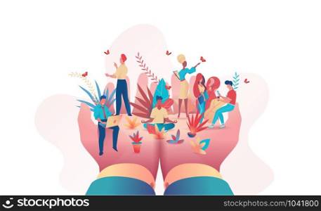 Big hands of boss hold of small people. Metaphor of office people under protection of leader. Safety at work concept, care, relaxed atmosphere, perks benefits for personnel. Flat vector illustration