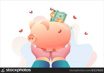Big hands of CEO of head are holding piggy bank with money. Metaphor of investment, capital accumulation. Concept of savings money retirement under protection of leader. Perks benefits for personnel