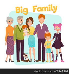 Big Happy Family Illustration. Big happy family with parents grandparents three children and dog on blue and white background flat vector illustration