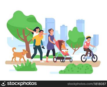 Big happy family walking. Couple with children stroll park, son on bicycle, toddler in stroller, fun daughter on father back on cityscape background vector concept. Happy family walking. Couple with children stroll park, son on bicycle, toddler in stroller, fun daughter on father back vector concept