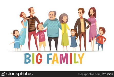 Big Happy Harmonious Family Portrait. Big happy harmonious family portrait with grandparents two young couples and little children cartoon vector illustration