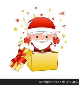 big head cartoon santa claus stand in open yellow gift box for surprise in christmas day,isolated white background,vector illustration