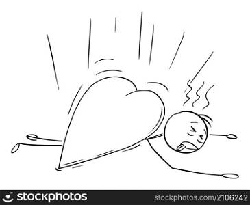 Big heart falling on lover or loving person, killed by love, vector cartoon stick figure or character illustration.. Big Love Heart Falling on Loving Person, Vector Cartoon Stick Figure Illustration