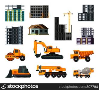 Big heavy yellow machines and modern buildings at construction stages. Unfinished home. Vector pictures in cartoon style construction machiner and home illustration. Big heavy yellow machines and modern buildings at construction stages. Unfinished home. Vector pictures in cartoon style