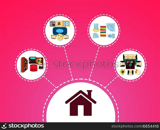 Big house icon and chambers connected with lines, kitchen and bathroom, office and living room in circles on vector illustration isolated on pink. Big House Icon and Rooms on Vector Illustration