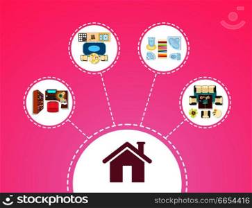 Big house icon and chambers connected with lines, kitchen and bathroom, office and living room in circles on vector illustration isolated on pink. Big House Icon and Rooms on Vector Illustration