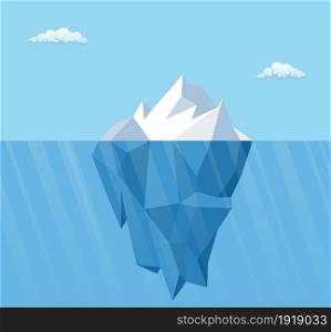 Big iceberg floating on water waves with underwater part. Vector illustration in flat design. Big iceberg floating on water