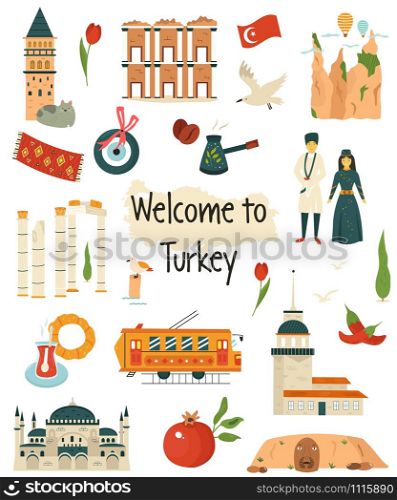 Big icon set of landmarks, symbols of Turkey. National food, costume, flag, buildings of Istanbul Pergamum, Ephesos, Cappadocia, Nemrut Mountain. Big icon set of landmarks, symbols of Turkey.