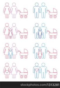 Big icons set of Gay, lesbian, hetero couples and family with children. Gay, lesbian couples and family with children icons set