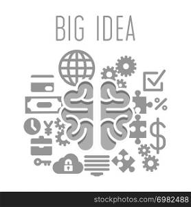 Big idea concept with brain on white background. Vector illustration. Big idea concept with brain on white background
