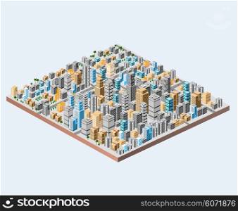 Big isometric city with hundreds of different houses, offices, skyscrapers, supermarkets and city streets with traffic.