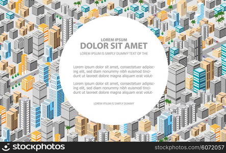 Big isometric city with hundreds of different houses, offices, skyscrapers, supermarkets and city streets with traffic. Background for business cards and real estate agencies.