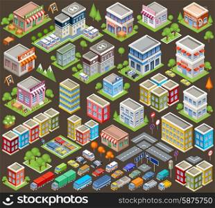 Big isometric set of buildings and houses. Infrastructure. Road and cars. Vector illustration