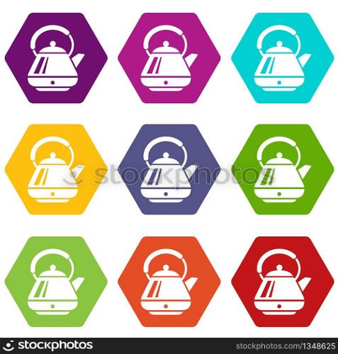 Big kettle icons 9 set coloful isolated on white for web. Big kettle icons set 9 vector