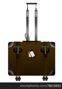 Big leather luggage with handle and wheels over white