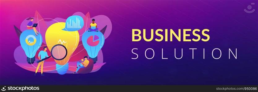 Big lightbulbs and business team working on solution. Business solution and support, problem solving and decision making concept on white background. Header or footer banner template with copy space.. Business solution concept banner header.