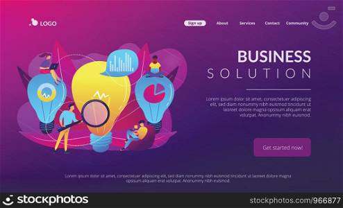 Big lightbulbs and business team working on solution. Business solution and support, problem solving and decision making concept on white background. Website vibrant violet landing web page template.. Business solution concept landing page.