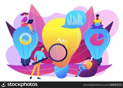 Big lightbulbs and business team working on solution. Business solution and support, problem solving and decision making concept on white background. Bright vibrant violet vector isolated illustration. Business solution concept vector illustration.