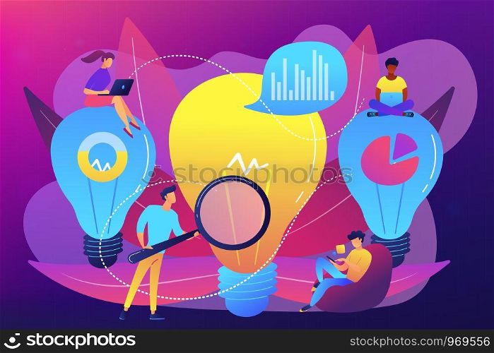 Big lightbulbs and business team working on solution. Business solution, problem solving and decision making concept on ultraviolet background. Bright vibrant violet vector isolated illustration. Business solution concept vector illustration.