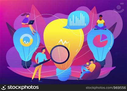 Big lightbulbs and business team working on solution. Business solution, problem solving and decision making concept on ultraviolet background. Bright vibrant violet vector isolated illustration. Business solution concept vector illustration.