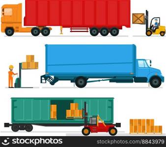 Big lorries loading stuff at warehouse vector image