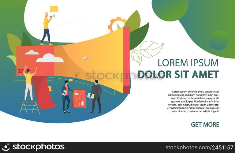 Big loudspeaker, businesspeople working and sample text. Promotion and advertisement design template. For leaflets, brochures, invitations, posters or banners.. Big loudspeaker, businesspeople working and sample text