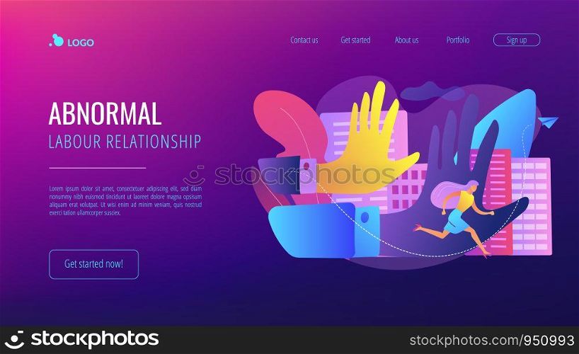 Big male hands pursuing and harrased female victim running away. Sexual harassment, sexulal bullying, abnormal labour relationship concept. Website vibrant violet landing web page template.. Sexual harassment concept landing page.