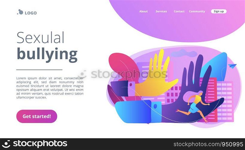 Big male hands pursuing and harrased female victim running away. Sexual harassment, sexulal bullying, abnormal labour relationship concept. Website vibrant violet landing web page template.. Sexual harassment concept landing page.