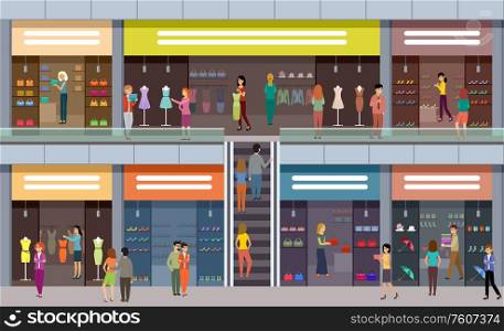Big mall. Fashion shops. People buy clothes and shoes. Vector flat illustration.