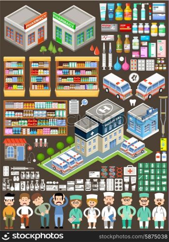 Big medical set. Drugs, hospital, ambulance car, doctors, pharmacy. Vector illustration