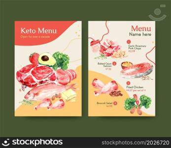 Big menu template with ketogenic diet concept for restaurant and food shop watercolor vector illustration.