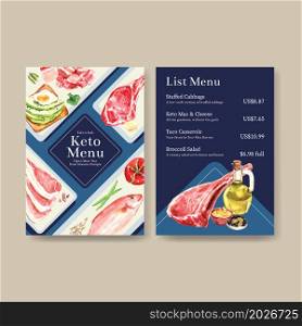 Big menu template with ketogenic diet concept for restaurant and food shop watercolor vector illustration.