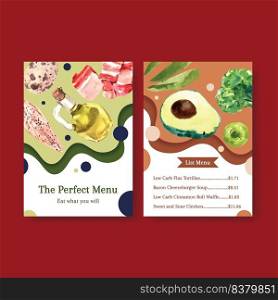 Big menu template with ketogenic diet concept for restaurant and food shop watercolor vector illustration. 