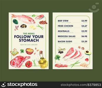 Big menu template with ketogenic diet concept for restaurant and food shop watercolor vector illustration.
