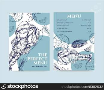Big menu template with seafood concept design for restaurant and food shop  vector illustration
