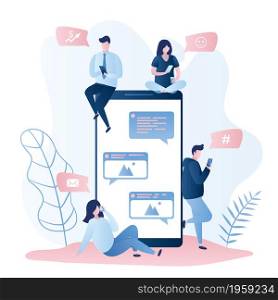 Big mobile phone and different people with smartphones,characters with gadgets for communication,speech bubbles with icons,social network concept, trendy vector illustration