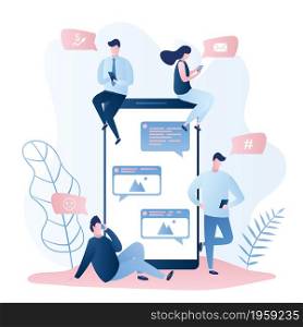 Big mobile phone and different people with smartphones,characters with gadgets for communication,speech bubbles with icons,social network concept, trendy vector illustration