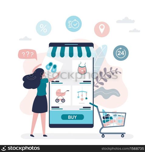 Big modern mobile phone with online shop application. Beauty woman buys goods for newborn baby. Online shopping technologies. Business signs on background. Flat vector illustration
