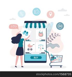 Big modern mobile phone with online shop application. Beauty woman buys goods for newborn baby. Online shopping technologies. Business signs on background. Flat vector illustration