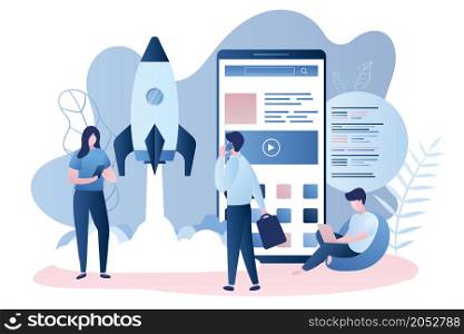 Big modern smartphone with new application,business people and programmer,Development team,startup concept with take off spaceship,trendy style vector illustration