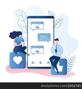 Big modern smartphone with speech bubbles and two cute male and female characters sitting on signs and chatting,trendy style vector illustration.