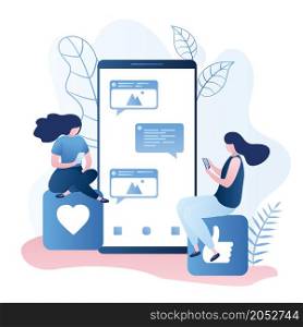 Big modern smartphone with speech bubbles and two girls sitting on signs and chatting,trendy style vector illustration.
